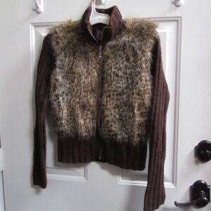 new NEXT ERA women's brown front zipper Cardigan w/ Faux fur Sz S